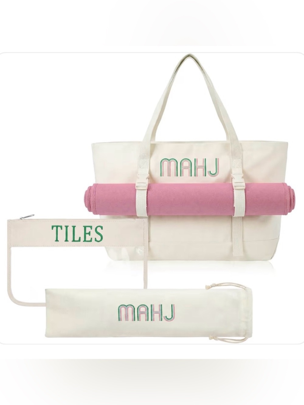Canvas Mahjong Tote with Tiles Storage Bag Set for Racks and Pushers